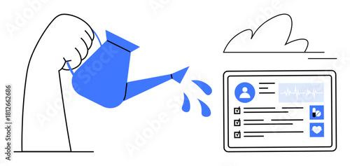 Hand pouring water on a digital profile with user information, medical records, and hearts for care. Ideal for health monitoring, virtual care, data growth, personal development, self-care, medical