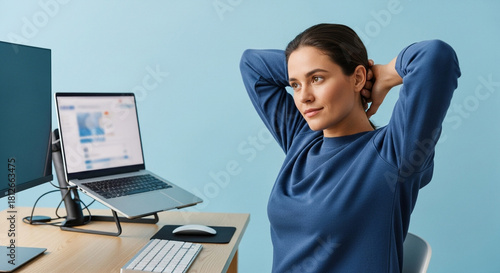 Young woman stretches at her desk with a laptop and computer monitor