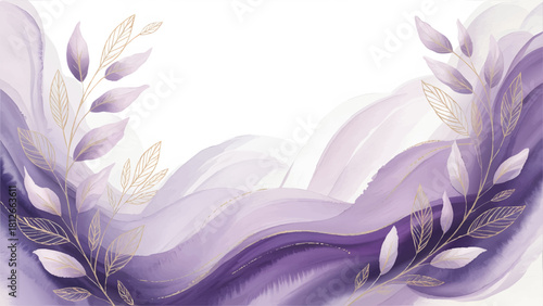 luxury watercolor gold botanical background , purple liquid wave elegant frame , soft violet dreamy wedding invitation design