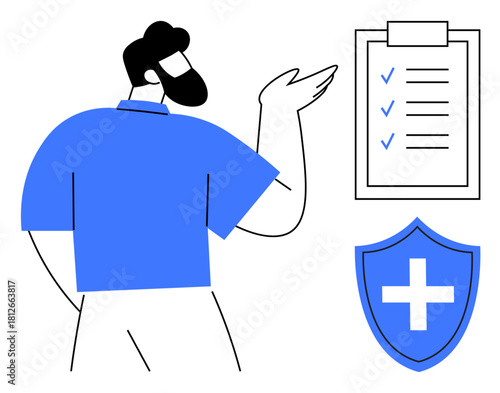 Bearded man gesturing at checklist with check marks and shield with cross icon. Ideal for healthcare, safety, insurance, organization, planning, protection, compliance. Simple flat metaphor