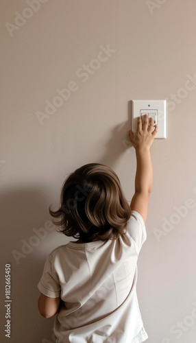 Child playing with light switch on beige wall indoors  