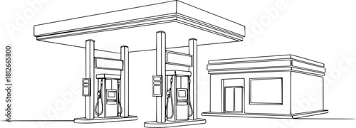 Continuous line drawing of a gas station isolated on white background for your projec