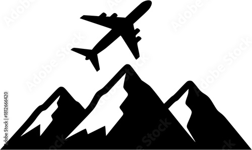 A simple illustration of an airplane flying over a mountain range against a white background scene
