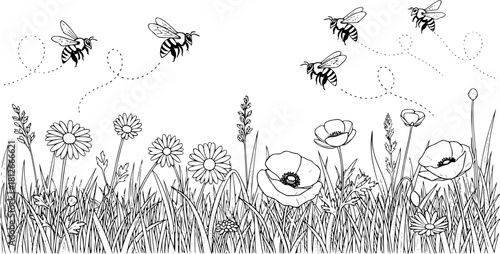 A black and white drawing of bees flying over flowers and grass with dotted lines behind them

