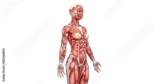 Detailed female muscular system anatomy for medical reference and education, showcasing muscle structure and anatomical precision on a clean white backdrop