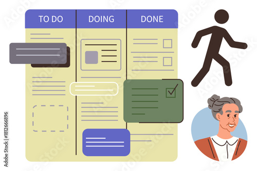 Task board sections labeled To Do, Doing, and Done with color-coded cards, a running figure representing progress, and a smiling woman. Ideal for teamwork, organization, time management