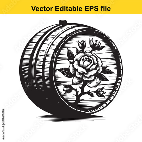 Engraved rose on wooden barrel end isolated on