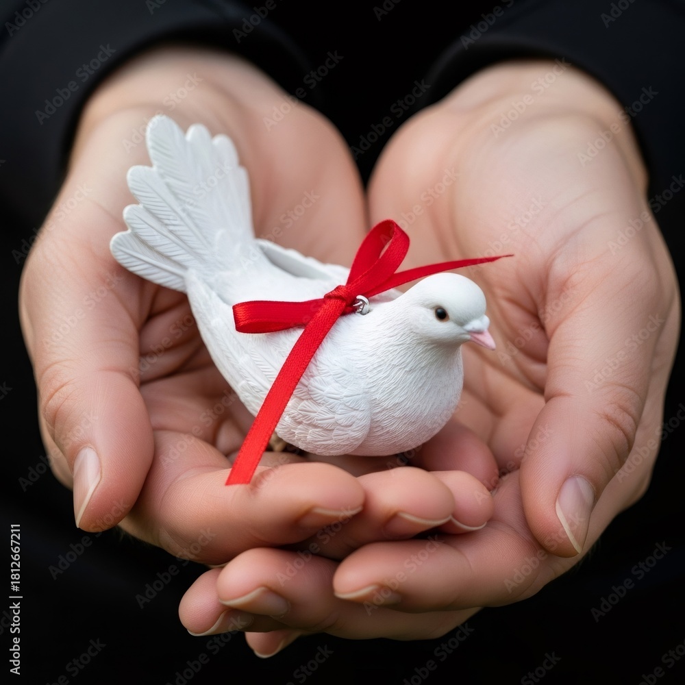 Obraz premium Woman holding a white dove figurine with a red ribbon in her cupped hands. Symbol of peace, purity, spirit and love for Christian holidays.
