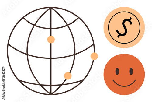 Globe with dots for connection, dollar sign as financial element, smiling face for positive result. Ideal for finance, business, globalization, economy, digital innovation growth networking. A