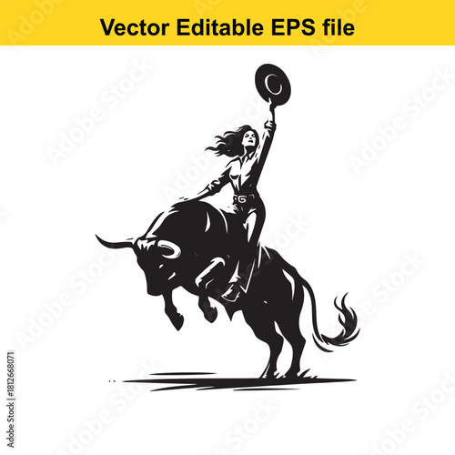 Cowgirl riding bucking bull holding hat up isolated