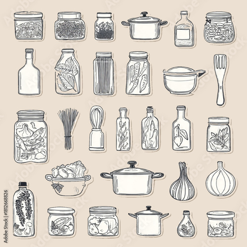 Vintage Cooking Ingredients & Kitchen Shelf Elements in Hand-Drawn Outline Style