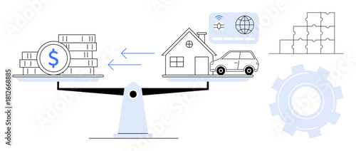 Financial balance concept. Scales money, property, and digital data as key elements of financial balance. Financial balance in managing resources, stability, investment, budgeting