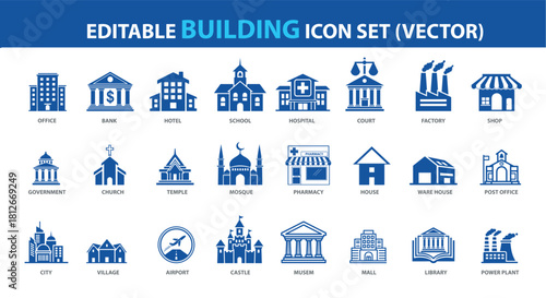 Building Flat Icon Set – Editable Office, Hospital, Mall, Mosque, Airport, Factory & City Landmarks Icons for Maps, Apps, Real Estate, and Urban Planning