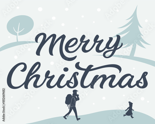 Merry Christmas Holiday Card with Family Hiking in Winter Landscape and Snowflakes Falling Illustration
