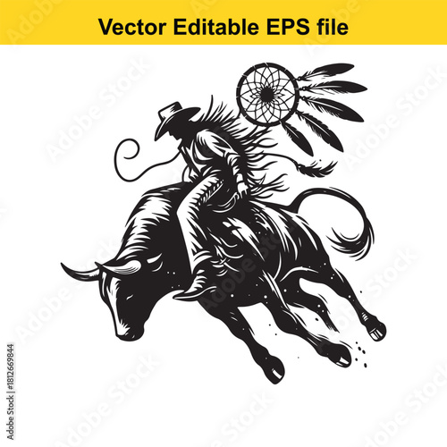 Rodeo cowboy riding bucking bull with dreamcatcher
