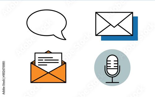 Communication icons featuring speech bubble email letter and podcast microphone showcasing diverse channels for connection and content sharing in the digital era