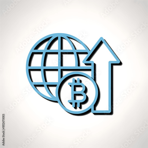 Bitcoin global expansion and growth illustration with a world globe and an upward arrow indicating price increase and worldwide adoption of the digital currency