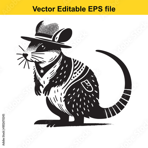 Vector illustration of a rat wearing a hat and vest