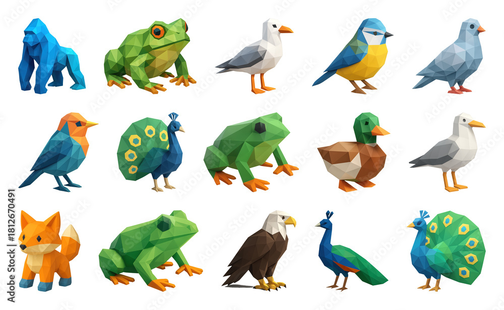 Naklejka premium PNG Colorful low-poly animal collection, element set on transparent background