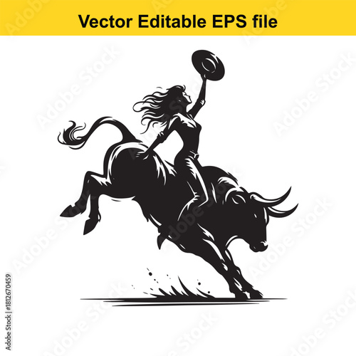 Silhouette of cowgirl riding bucking bull isolated on