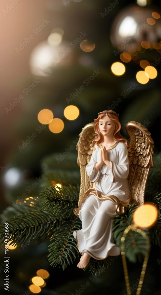 Fototapeta premium Angel figurine with folded hands sitting on a Christmas tree branch. Christian religious devotion and holiday decoration concept for Christmas and New Year.