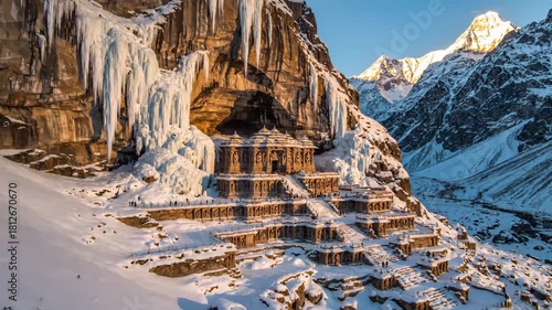Historic temple nestled in a snow-capped Himalayan valley with giant icicles for spiritual exploration concept and rugged beauty