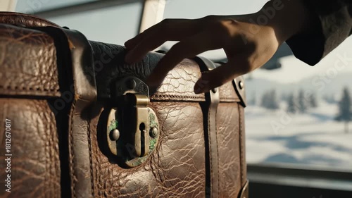 Hand touching a vintage leather suitcase with an airplane taking off in a snowy landscape for a nostalgic travel concept in cinematic warm light