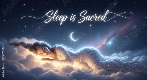 Dreamy woman floating on clouds under starry night sky, peaceful sleep concept art for meditation apps, serene bedtime stories, and wellness branding