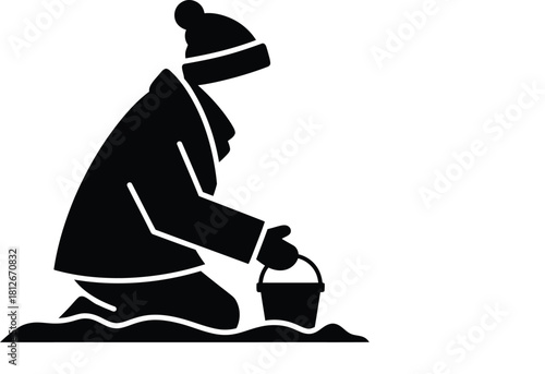 Person packing snow in a bucket and building snow fort from a winter landscape vector illustration silhouette. 