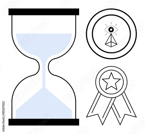 Hourglass with flowing sand, award ribbon with star, and pyramid with eye symbol. Ideal for success, achievement, vision, strategy, time management, mindfulness simple flat metaphor