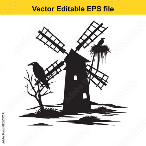 Silhouette of windmill with crow sitting on branch
