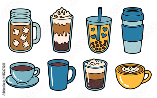 Variety of Coffee Drinks and Beverages in Cute Cartoon Style for Coffee Shops and Menus