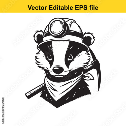 Badger miner with headlamp and pickaxe vector icon