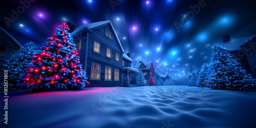 Magical winter christmas street scene with glowing tree and snowy houses