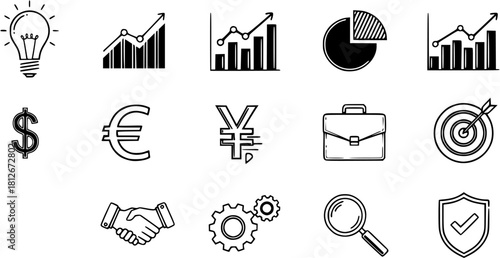 Collection of business related icons including lightbulbs graphs and financial symbols in a vector format
