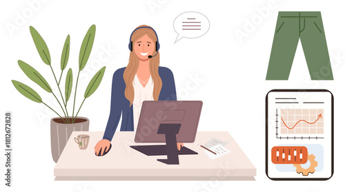 Woman wearing headset at desk with computer, discussing analytics. Includes plant, charts, coffee mug, green pants. Ideal for remote work, communication, analytics productivity home office setup