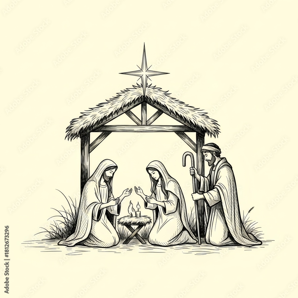 Obraz premium Black and white drawing of Nativity scene with Mary, Joseph, and two women. Christmas spiritual concept. Holiday decoration.
