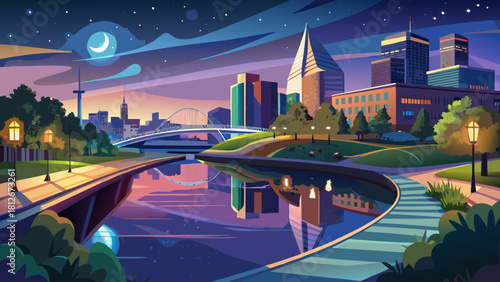 Very beautiful night view of the Sioux Falls Downtown River Greenway with its softly illuminated trail, modern bridges, and shimmering skyline lights reflecting across the calm Big Sioux River, creati