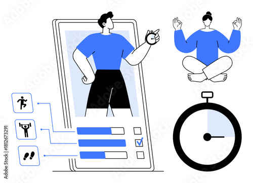 Man on phone screen tracking fitness progress, yoga pose illustration, stopwatch. Ideal for wellness, exercise planning, time management, mobile app design, healthy lifestyle, meditation simple flat