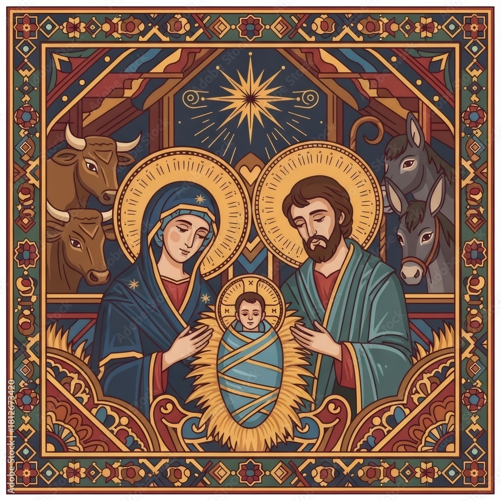Fototapeta premium Woman Mary, man Joseph, and baby Jesus in the Nativity scene. Christian Christmas holiday. Biblical religious illustration for greeting card design.
