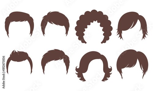 Various brown hairstyles represent different lengths and textures on a transparent background