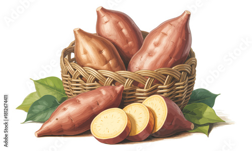 Freshly harvested sweet potatoes rest inside a small woven basket surrounded by vibrant green leaves