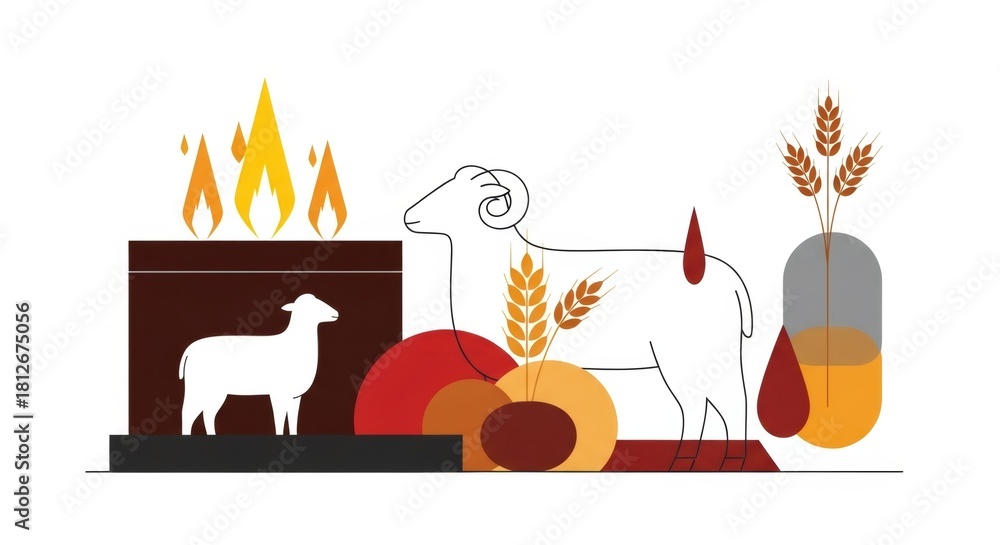 Fototapeta premium Religious offering concept with lamb, ram, fire altar, and wheat illustration. Christian symbolism for sacrifice and harvest.
