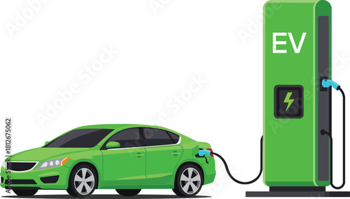 A green electric car charging at a green ev charging station on a white background view