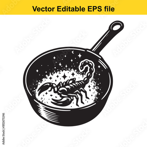 Scorpion inside frying pan vector illustration isolated on white