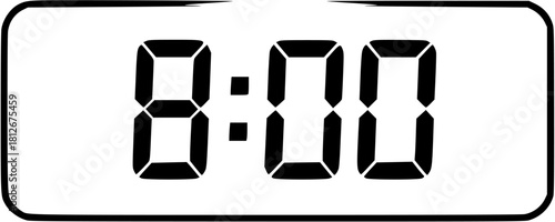 A black and white digital clock displaying eight o clock on a white background in a vector image
