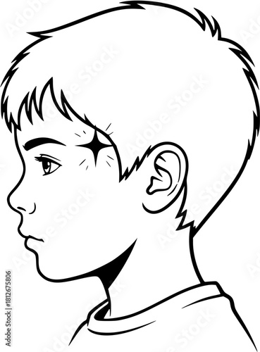 Illustration of a boy's head in profile with a sparkling star near his temple in black and white

