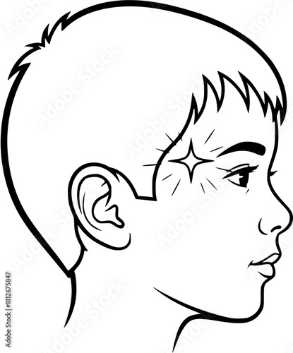 Illustration of a boy's head in profile with a sparkling star near his temple in black and white

