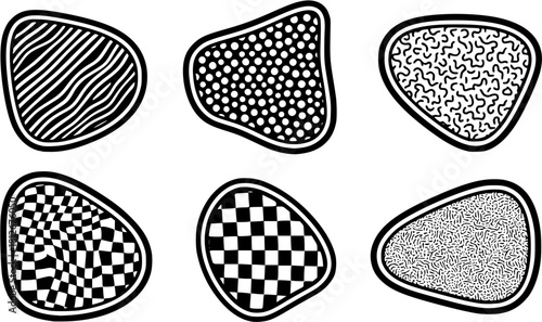 Set of six abstract shapes filled with different geometric figures isolated on white background
