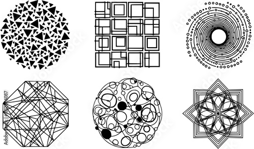 Set of six abstract shapes filled with different geometric figures isolated on white background
